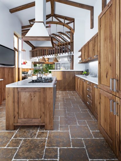 Large beautiful kitchen in a rustic style with an island and hood and built-in appliances. 3D render.