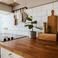 wood countertop in industrial kitchen